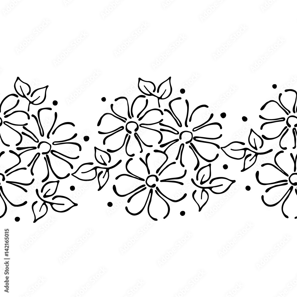 Seamless vector hand drawn floral pattern, endless border frame with flowers, leaves. Decorative cute graphic line drawing illustration. Print for wrapping, background, fabric, decor, textile, surface