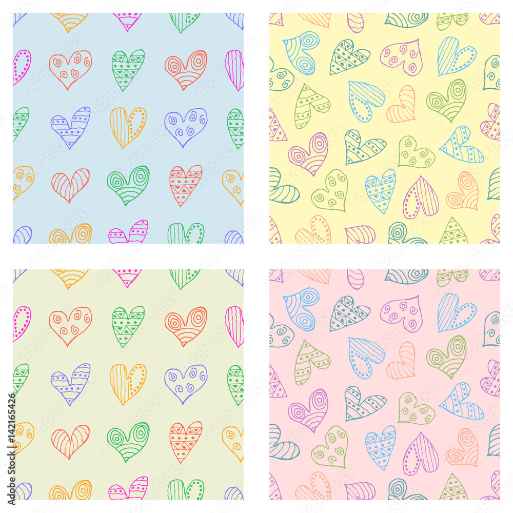 Set of seamless vector patterns with hearts. Background with hand drawn ornamental symbols and decorative elements. Decorative repeating ornament. Graphic illustration.Series of Love Seamless Patterns Set of seamless vector patterns with hearts. Background with hand drawn ornamental symbols and decorative elements. Decorative repeating ornament. Graphic illustration.Series of Love Seamless Patterns
