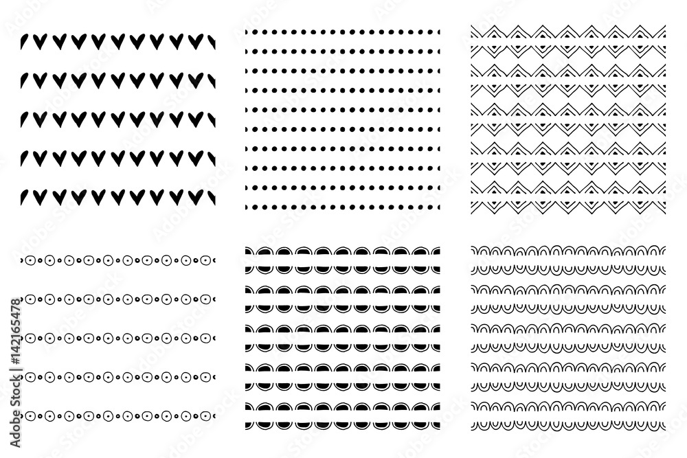 Set of seamless vector patterns. Black and white geometrical endless backgrounds with hand drawn geometric shapes, triangles, circles, dots, lines, Simple graphic design. Repeat decorative ornament.