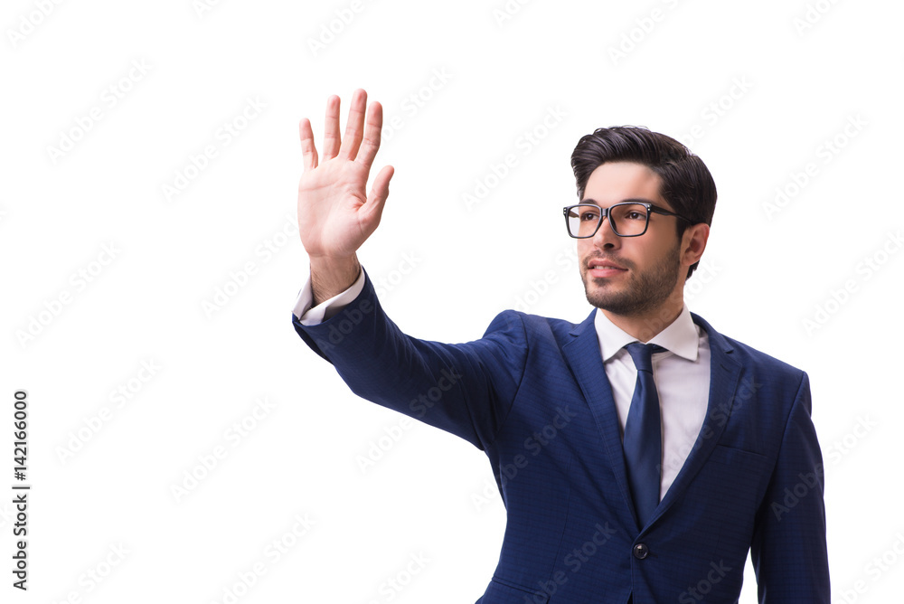 Young businessman pressing virtual buttons isolated on white Young businessman pressing virtual buttons isolated on white