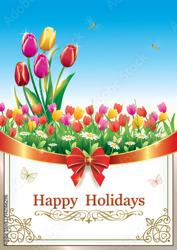 Greeting card with tulips and chamomile decorated with ribbon and bow