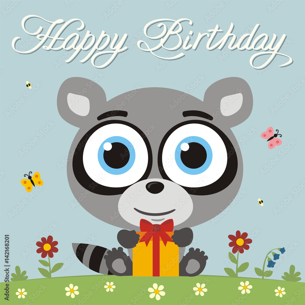 Happy birthday! Funny little raccoon with birthday gift in cartoon style. Card with raccoon for child birthday.