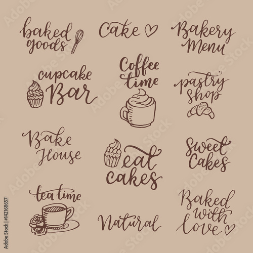 Vector set of vintage bakery hand lettering logos, badges. Typography design elements, modern calligraphy collection with cookie illustrations for prints, cards, posters, products packaging, branding. © tanyabosyk