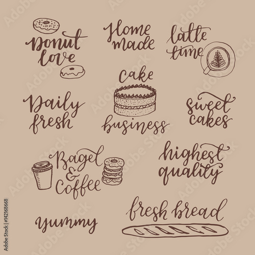 Vector set of vintage bakery hand lettering logos  badges. Typography design elements  modern calligraphy collection with cookie illustrations for prints  cards  posters  products packaging  branding.