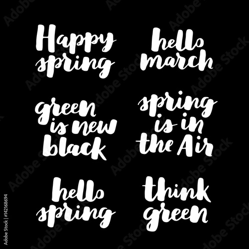 Hello spring lettering typography set. Calligraphy postcard or poster graphic design element. Hand written style card. Simple vector brush sign. seasonal quote collection. White on black