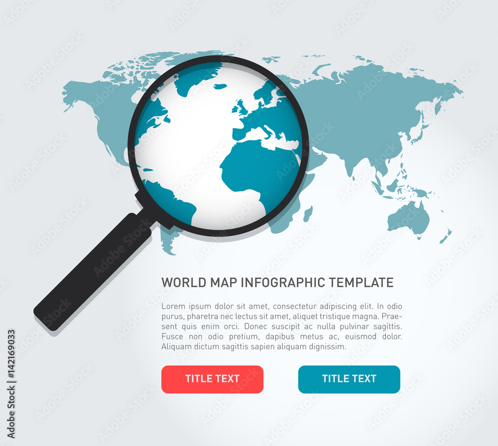 Global search concept in flat style with a world map and a magnifying glass Global search concept in flat style with a world map and a magnifying glass
