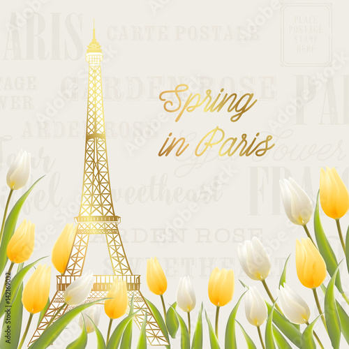 Eiffel tower and Tulip bouquet. Spring in Paris sign. Tulip bouquet over gray text pattern. Elegant print template. Vector illustration.