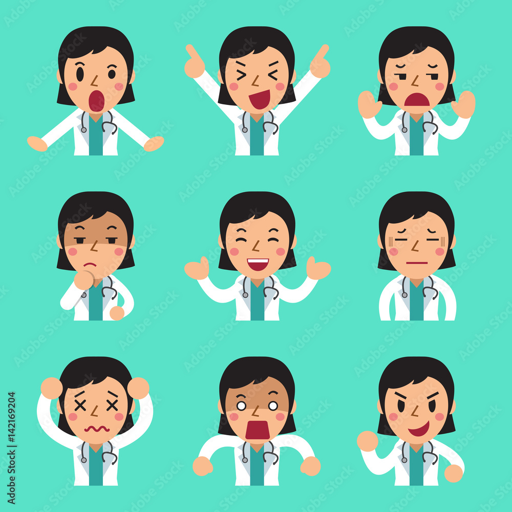 Cartoon female doctor faces showing different emotions Cartoon female doctor faces showing different emotions