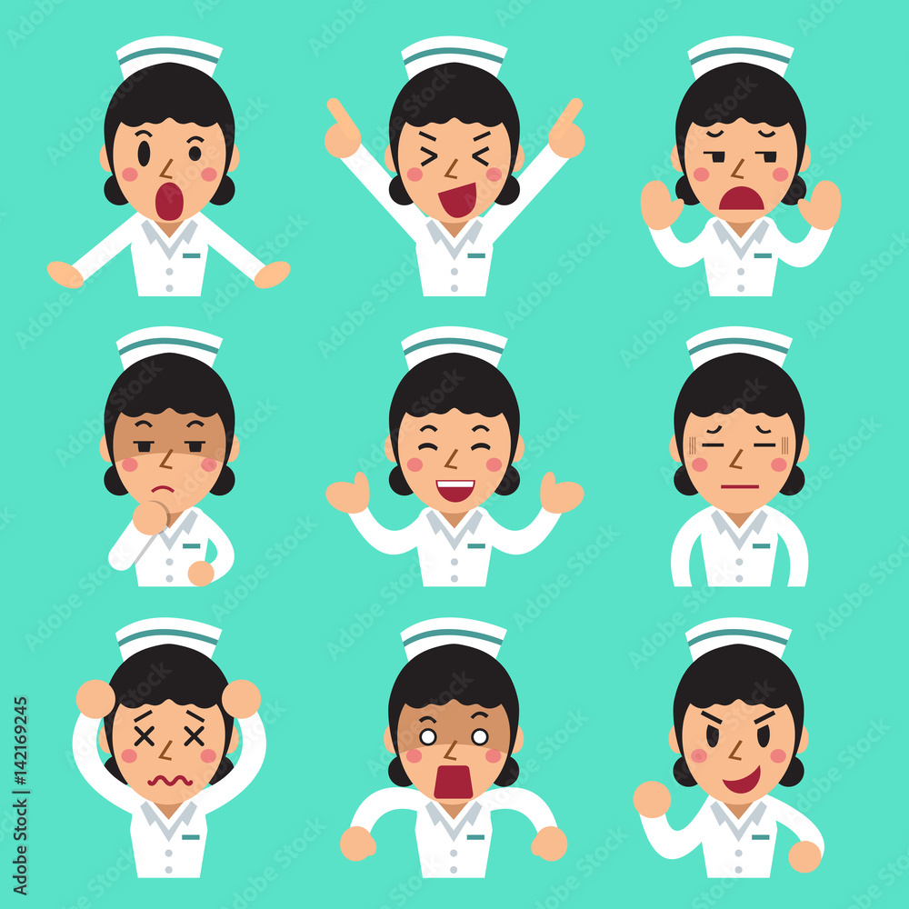 Cartoon female nurse faces showing different emotions Cartoon female nurse faces showing different emotions
