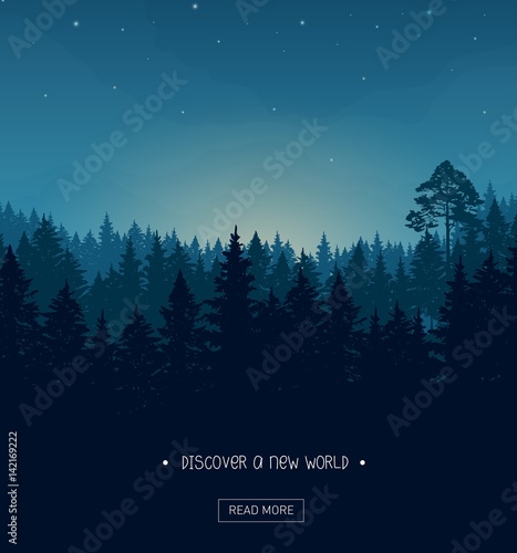 Coniferous forest silhouette background image with nightime stars and rays of the sunset
