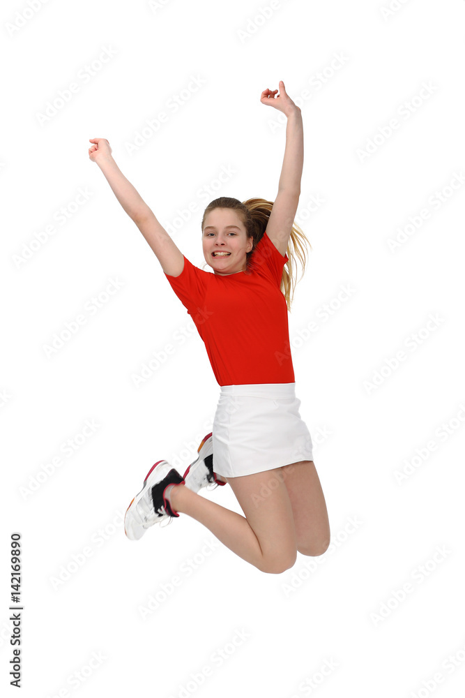 Jumping happy  sport teen girl isolated on white