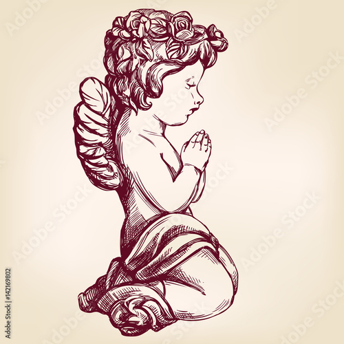 angel prays on his knees religious symbol of Christianity hand drawn vector illustration sketch