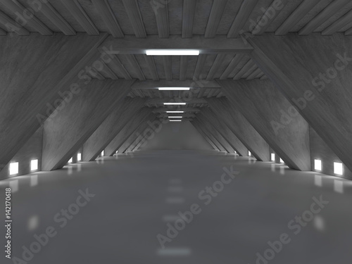 Dark empty room interior with lamps. 3D rendering