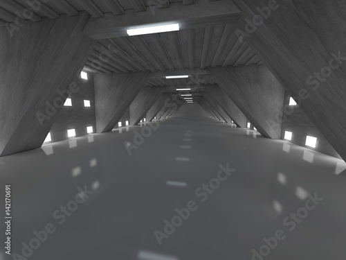 Dark empty room interior with lamps. 3D rendering