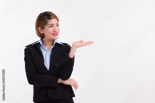 business woman pointing, presenting something