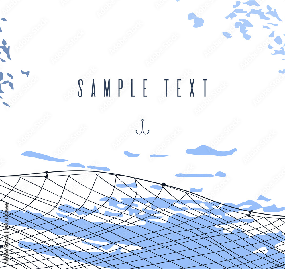 hand drawn template or border with fishnet. fishing and sea theme card or invitation on blot background. place fot text