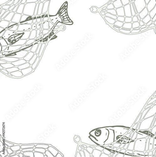 fishing theme template for invitation, menu, card with fishnet, fish
