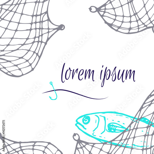 fishing theme template for invitation, menu, card with fishnet, fish, hook element and place for text
