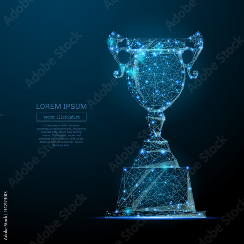 Abstract image of a champion cup in the form of a starry sky or space, consisting of points, lines, and shapes in the form of planets, stars and the universe. Vector business wireframe concept.