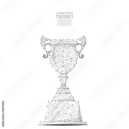 Abstract mash line and point champion cup on background with an inscription. Starry sky or space, consisting of stars and the universe. Vector business illustration