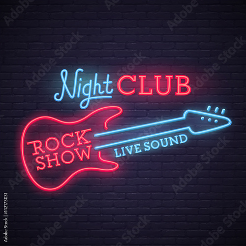 Rock Show sign. bright signboard, light banner. Night club logo, emblem. 