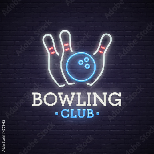 Bowling neon sign. bright signboard, light banner. Bowling club logo, emblem. 
