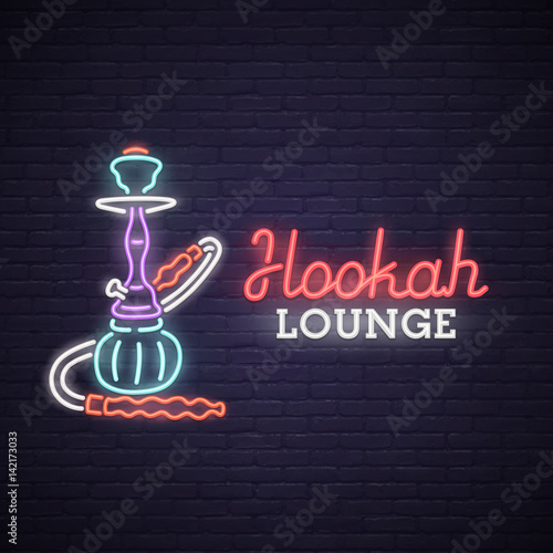 Neon Sign of Hookah. bright signboard, light banner. Hookah lounge logo, emblem.