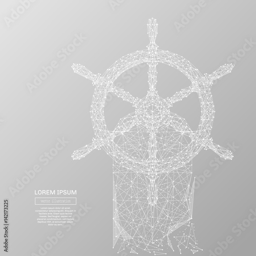 White abstract steering wheel on the boat polygonal, geometry triangle. Light connection structure of coin. Low poly vector on gray background. Connection structure