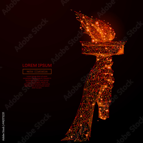 Abstract mash line and point torch in hand on black background with an inscription. Starry sky or space, consisting of stars and the universe. Vector business illustration