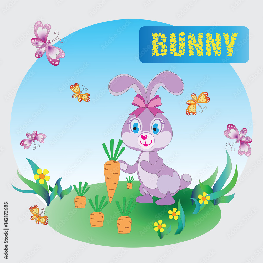 Obraz premium Funny pink Bunny. Zoo. A child's drawing. The cartoon characters. Design for sample, emblems, children's books, the background image.