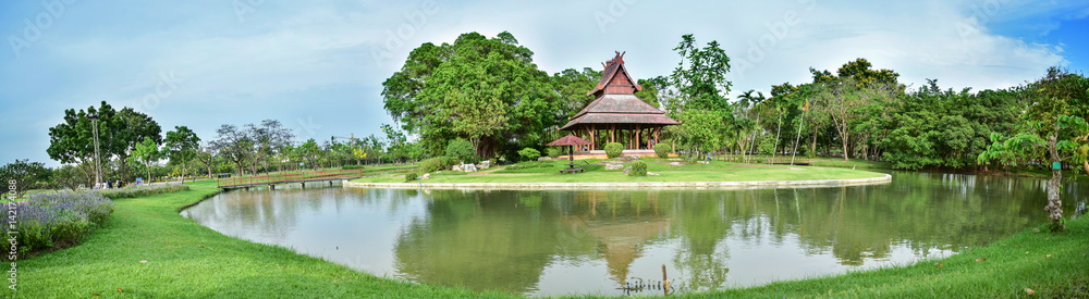 A beautiful panorama landscape tree and pavilion thai style of a park in Bangkok A beautiful panorama landscape tree and pavilion thai style of a park in Bangkok