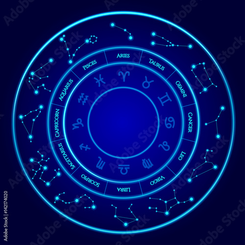 Constellations Vector Set. Twelve signs of the zodiac located in a circle. Blue neon horoscope circle. Perfect for products such as t-shirts, pillows, album covers, websites, flyers, posters