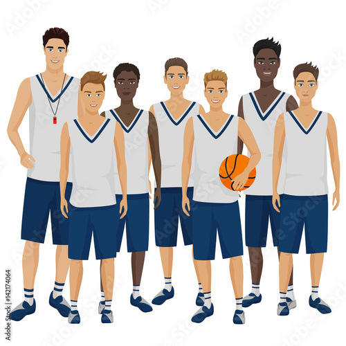 Vector illustration of the young basketball players team with coach trainer wearing the uniform.