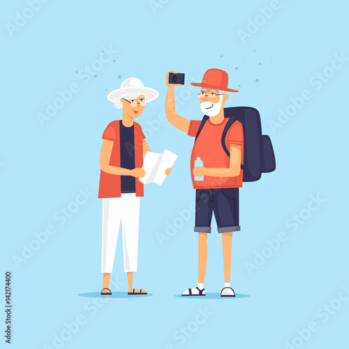 Traveling old people. Selfie. Character design. World Travel. Planning summer vacations. Flat design vector illustration.