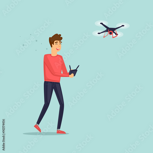Man flying drone (quadrocopter). Character design. Isolated. Flat design vector illustrations.