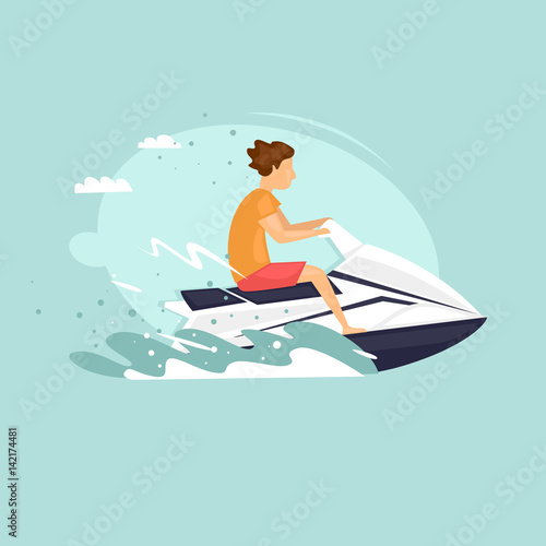 Man rides a jet ski. Isolated. World Travel. Planning summer vacations. Extreme sport. Flat design vector illustrations.