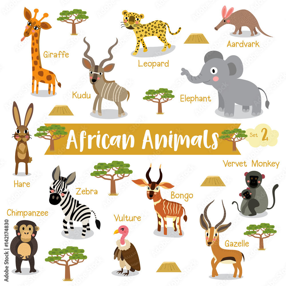African Animals cartoon on white background with animal name, Vector  illustration. Set 2. Stock Vector | Adobe Stock