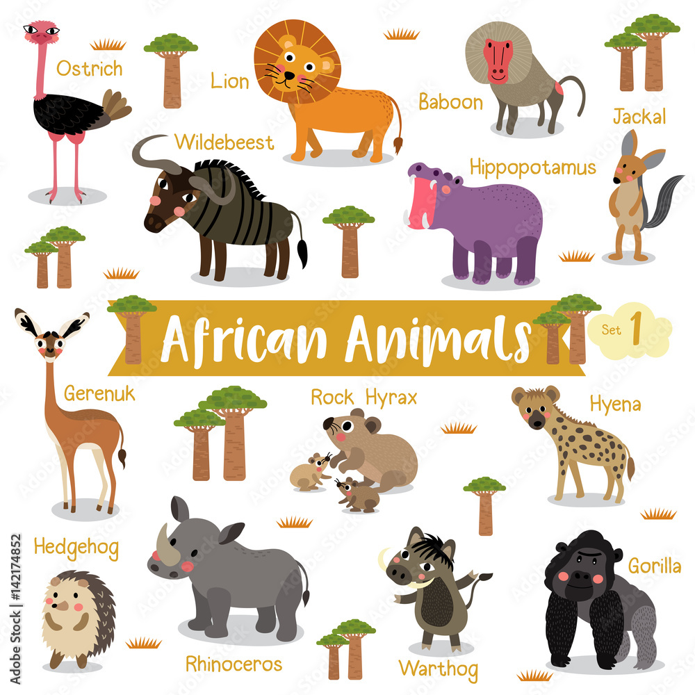 African Animals cartoon on white background with animal name, Vector  illustration. Set 1. Stock Vector | Adobe Stock