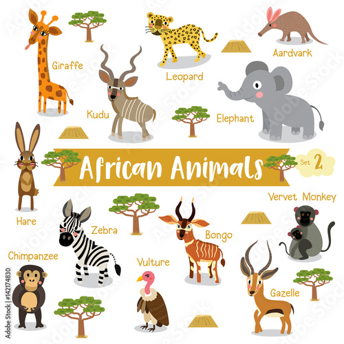African Animals cartoon on white background with animal name, Vector illustration. Set 2.