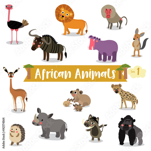 Fototapeta Naklejka Na Ścianę i Meble -  African Animals cartoon on white background, Vector illustration. Set 1.