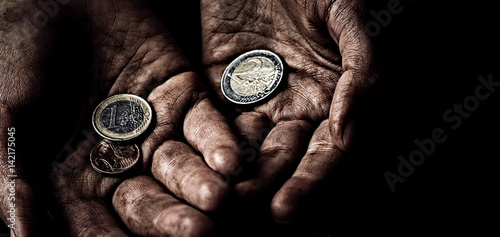 Slika na platnu Beggar hands with few coins