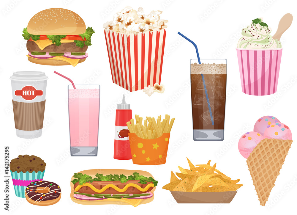 The set of vector illustrations of the different appetizing fast food. Fast food icons menu set.