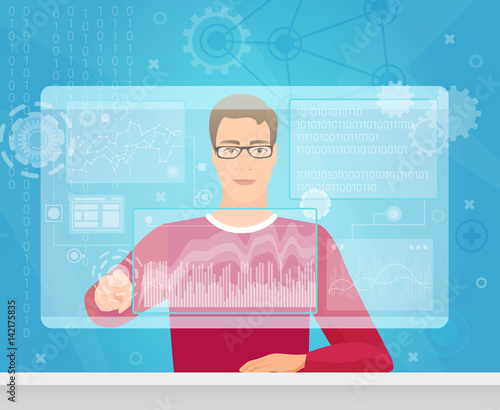 A coder looking at the diagrams and touching the computer screen vector illustration. VR modern interface.