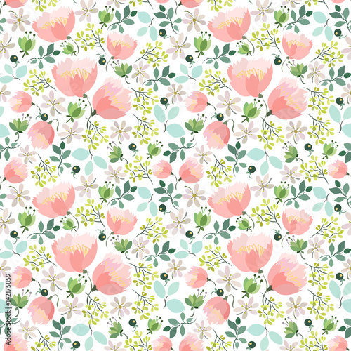  Seamless spring pattern with abstract flowers and leaves on a white background,  pink flowers, small branches with leaves.
