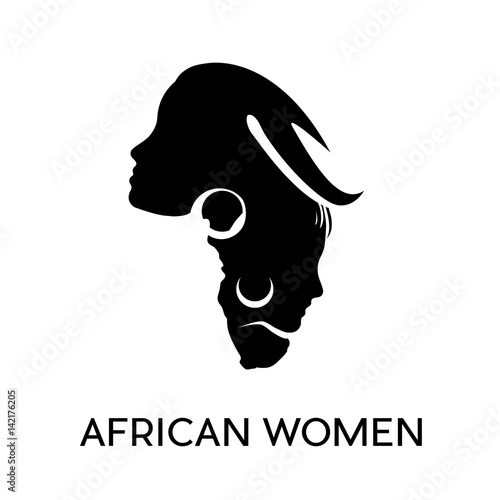 Conceptual africa with profile of two african women heads. Vector black icon