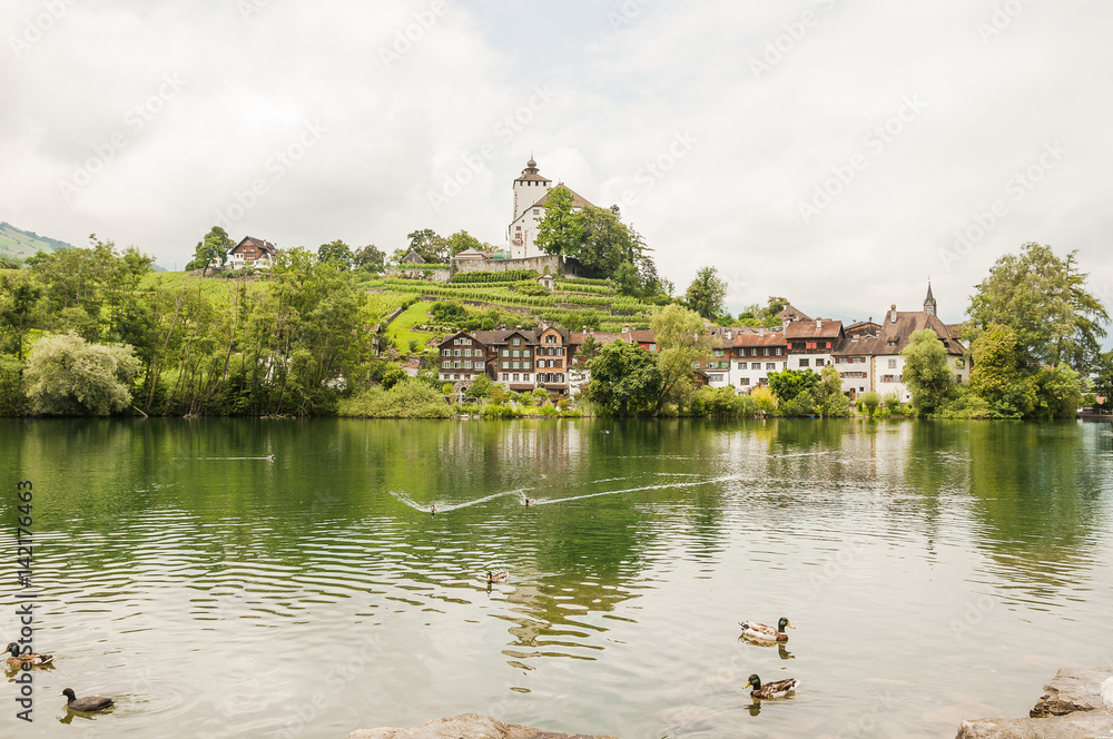 Fototapeta premium Werdenberg, Stadt, Altstadt, Buchs, Schloss, See, Weinberg, Altstadthäuser, Rheintal, Spazierweg, Uferweg, Frühling, Sommer, Schweiz