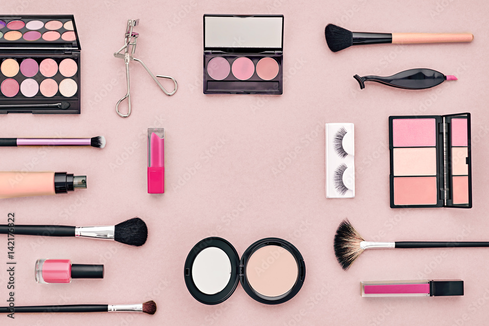 Fashion Cosmetic Makeup Set. Woman Beauty Accessories Set. Essentials.  Makeup background. Fashion Design. Lipstick Brushes Eyeshadow, fashion  Eyelashes. Minimal Concept. Top view. Cosmetic Overhead Photos | Adobe Stock