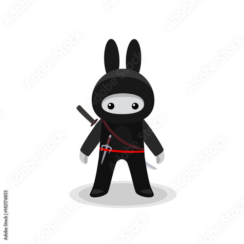 Standing cute bunny ninja isolated with sai and katana on white background
