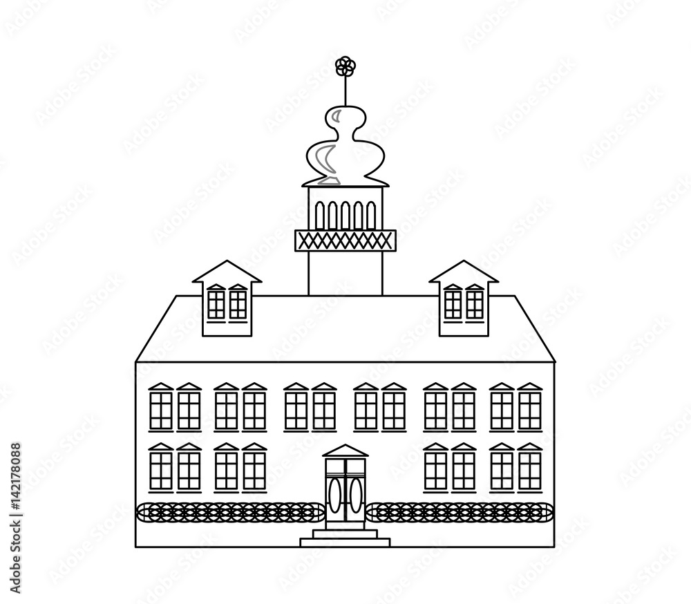 Old castle monochrome drawing, architectur sketch in black outline on white background