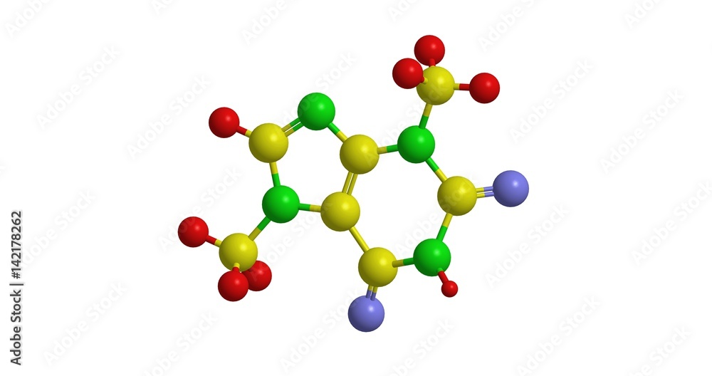 Molecular structure of Theobromine, 3D rendering